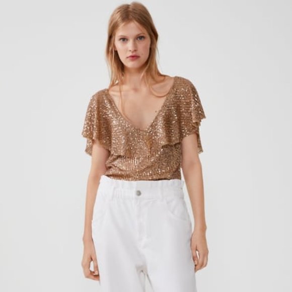 Zara Tops - NWT Zara Size S Sequin Frilled Blouse Deep Cut